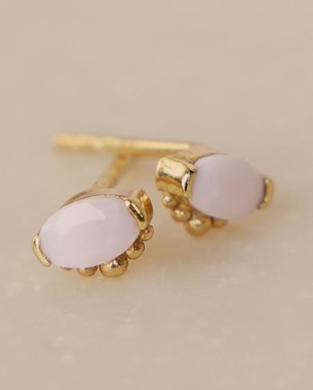F - Earring stud pink opal 3x5mm oval dots gold pl.