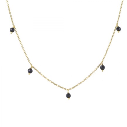 K - collier 3mm black agate beads 45cm gold plated