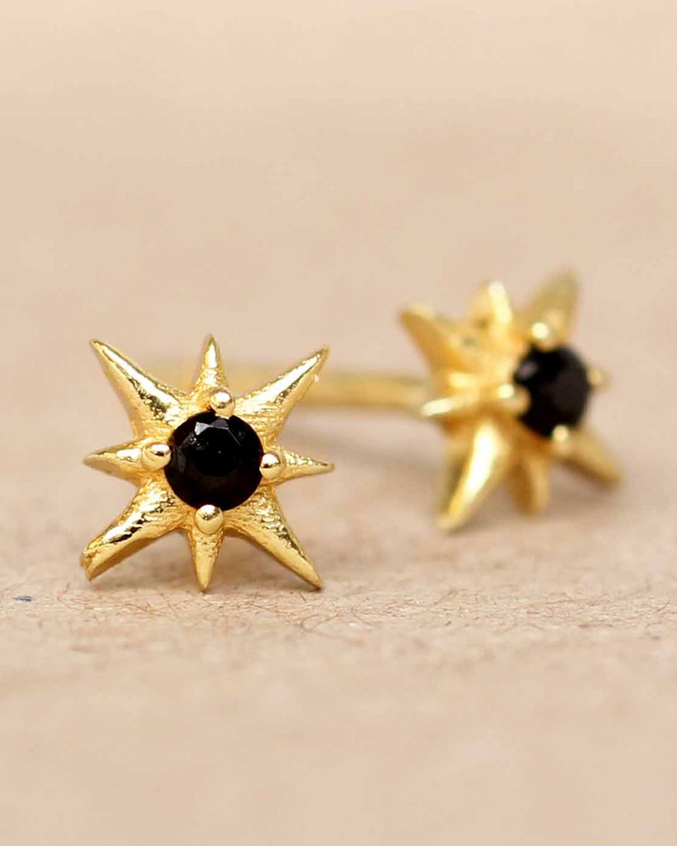 ee earring black agate star stud gold plated