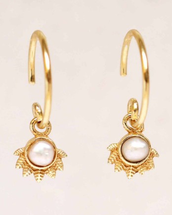 E- earring hanging white pearl dot with crown gold plated