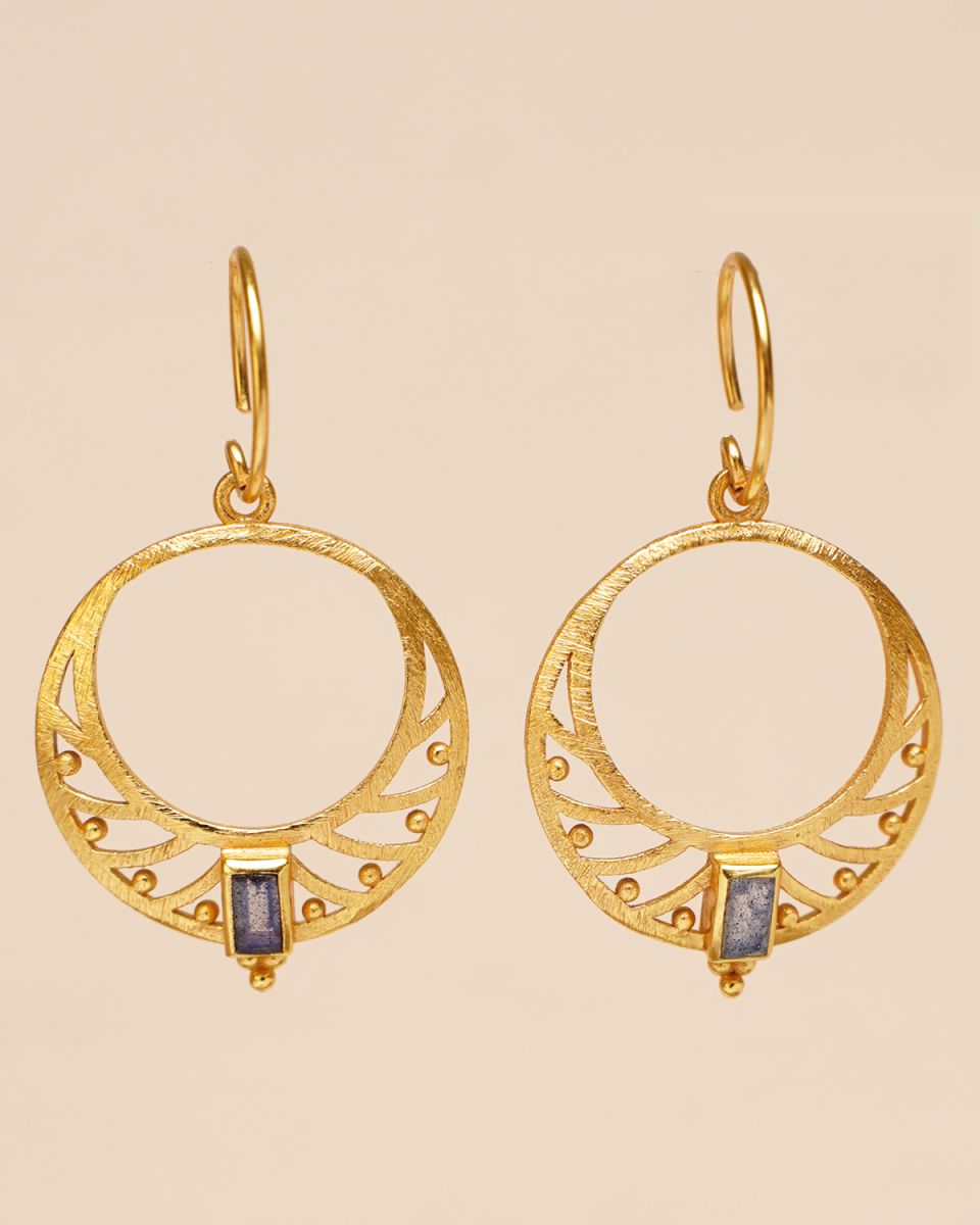 earring hanging labradorite moon 2x4mm dots down hoop gold p