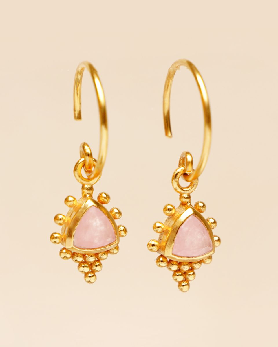 earring hanging rose quartz 4mm triangle with sunny dots gol