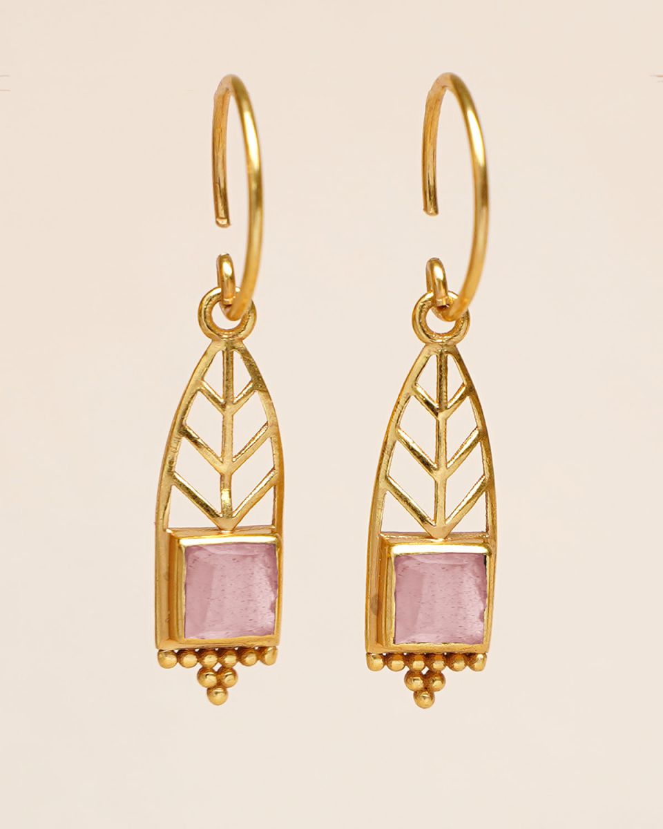 iiearring hanging rose quartz long leaf with 4x4mm square