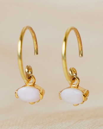 F - Earring hanging pink opal 3x5mm oval dots gold pl.