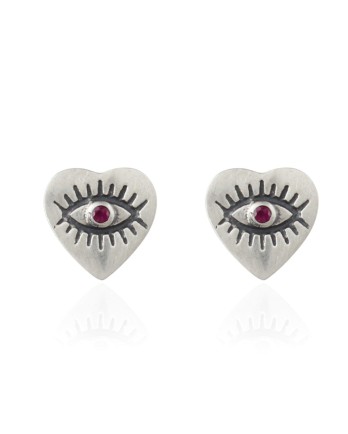F - Earring stud ruby in small heart with eye