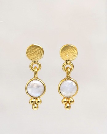 F - Earring stud white moonstone stone with dots gold plated