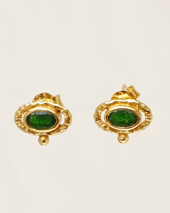 F-Earrings stud hammered oval with green zed gld.pltd.