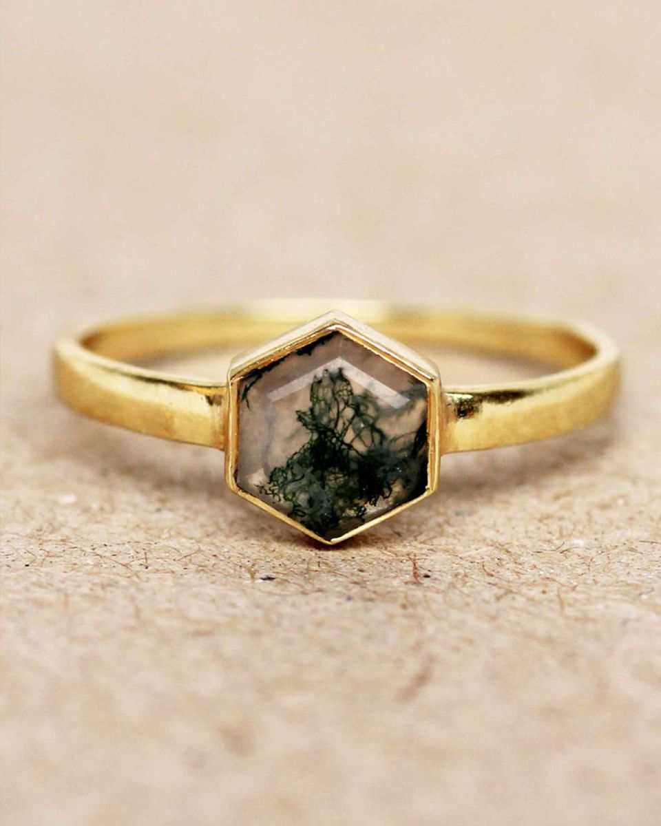 ff ring size 52 moss agate hexagon gold plated