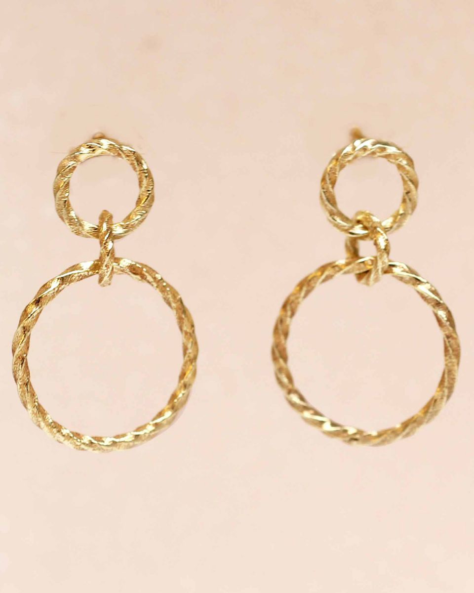 g earring hanging stud two hoops hammered gold plated