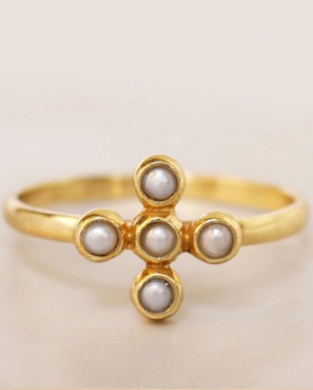 G- ring size 52 cross 5 stones pearls gold plated