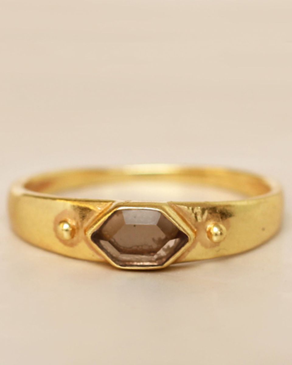gg ring size 52 diamond dot smokey quartz gold plated