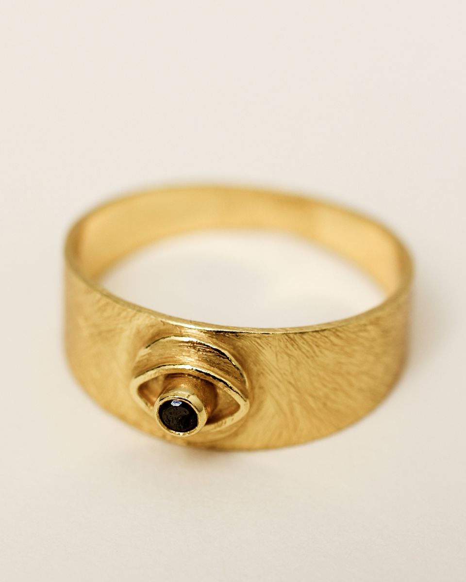 g ring size 52 signet coin eye black zirkonia gold plated