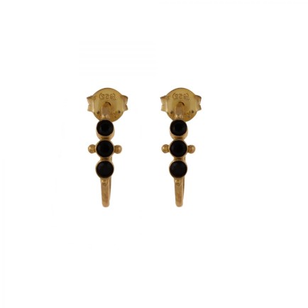 H- earring three little black agate stones gold plated