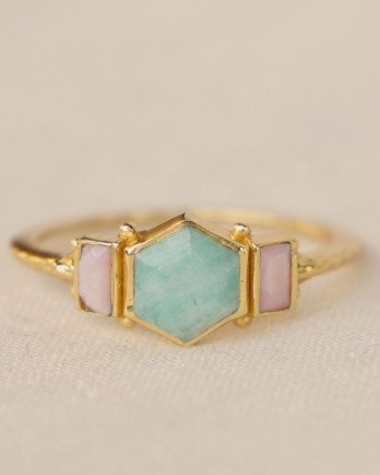 I - Size 52 amazonite+pink opal 6x6mm hex. empower gld.pl.
