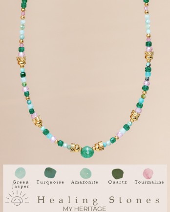 J - collier with mixed gems , one drop and golden beads J - collier with mixed gems , one drop and golden beads