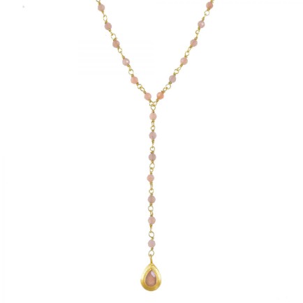 N - collier peach moonstone beads with drop gold plated