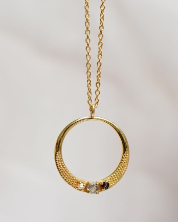 O - Collier 55cm pearl/labra./smokey q. full moon gold plate
