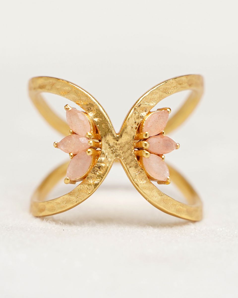 ring size 58 peach moonstone 2x4mm butterfly wings gem gold